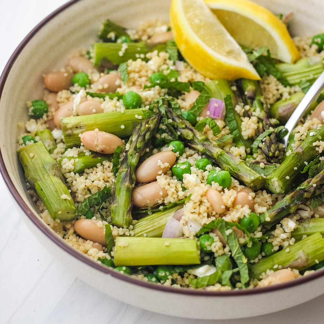 Asparagus Couscous Bowls with Peas and White Beans