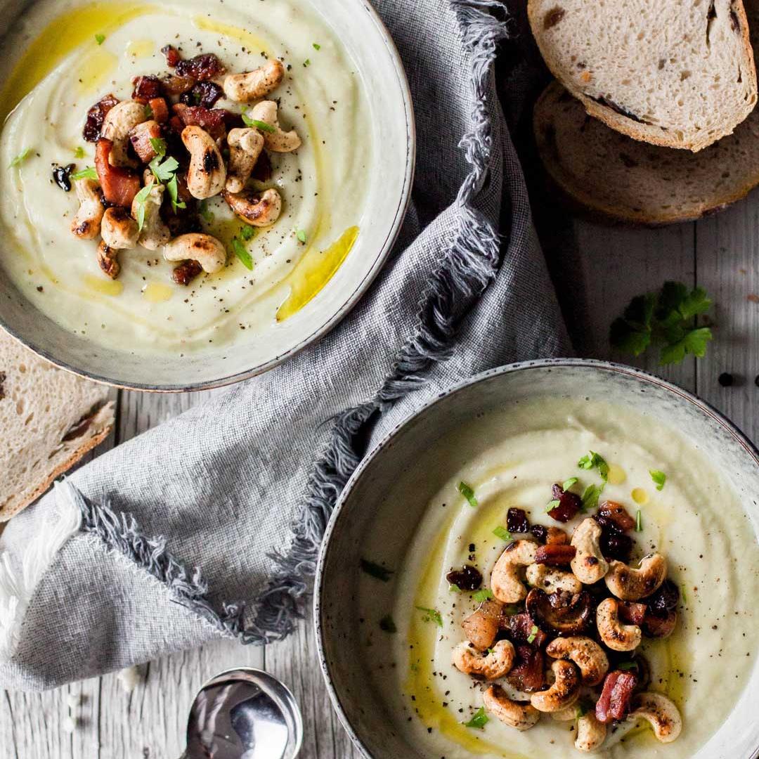 Tahini and Cauliflower Soup with Spiced Cashews and Prosciutto