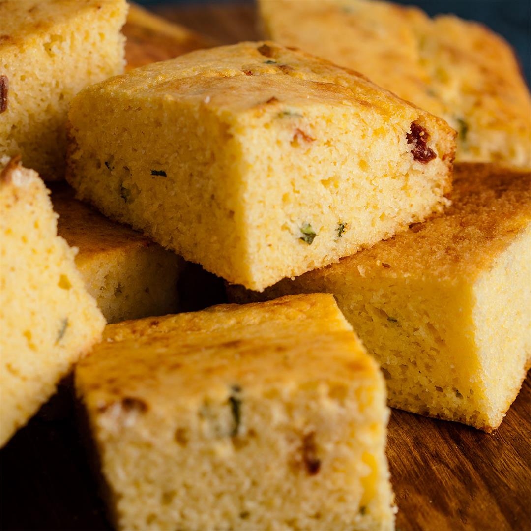 Cornbread, with sundried tomatoes and basil