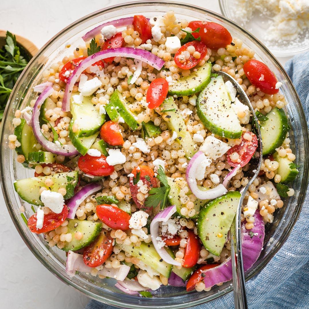 Pearl Couscous Salad with Cucumbers, Tomatoes, and Feta