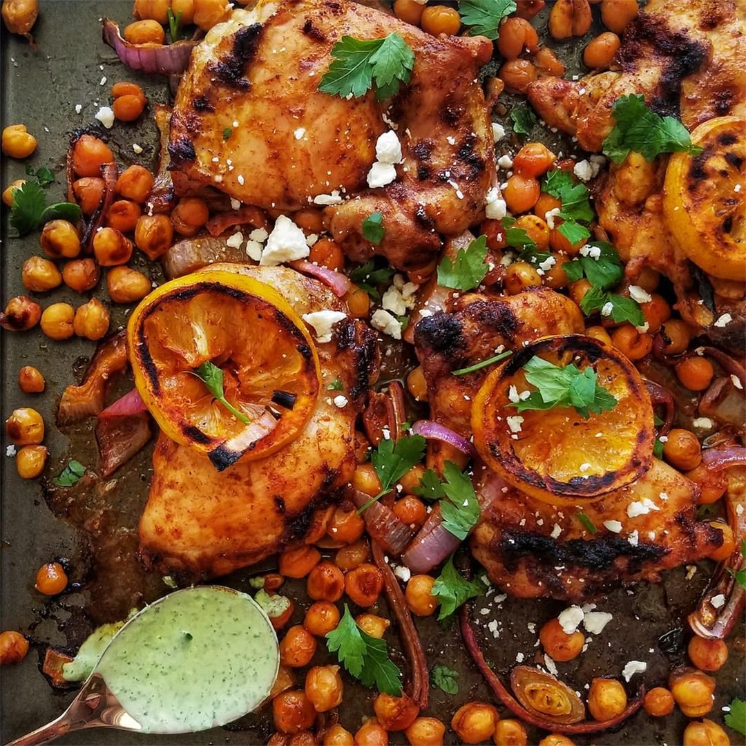 Sheet pan chicken thighs with chickpeas