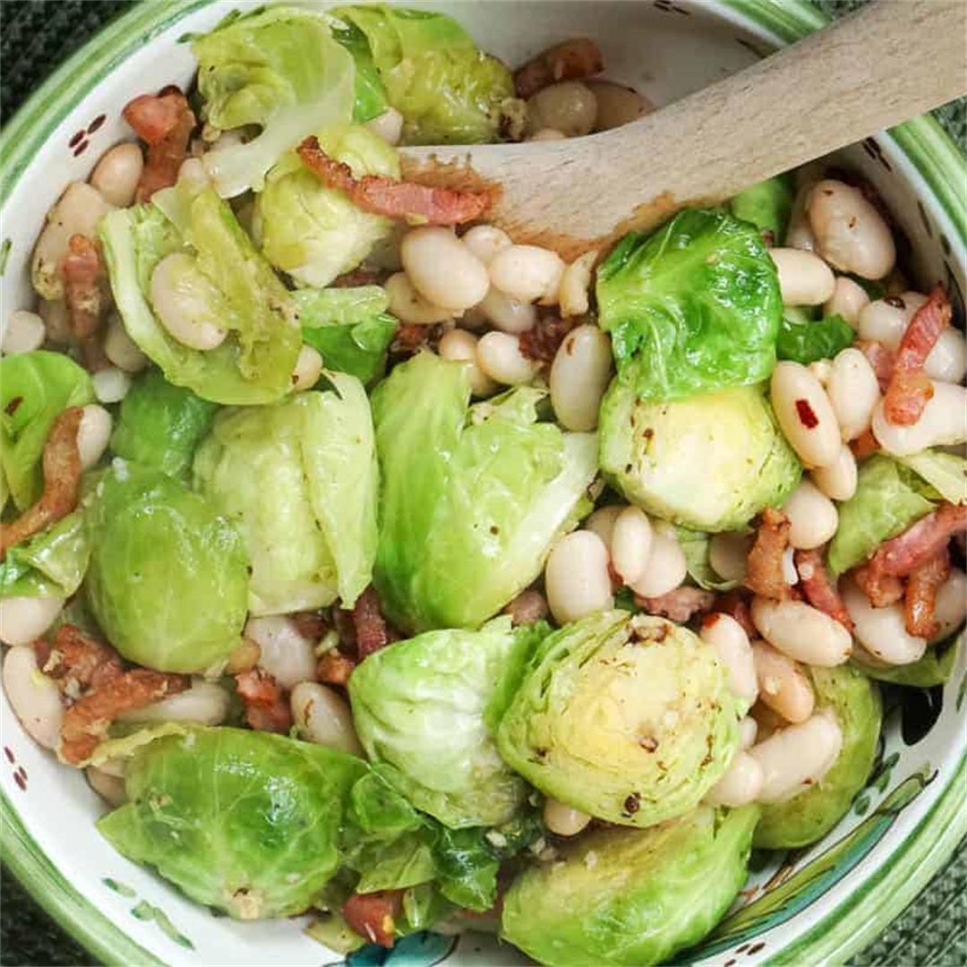 Sauteed Brussel Sprouts And Pancetta With White Beans