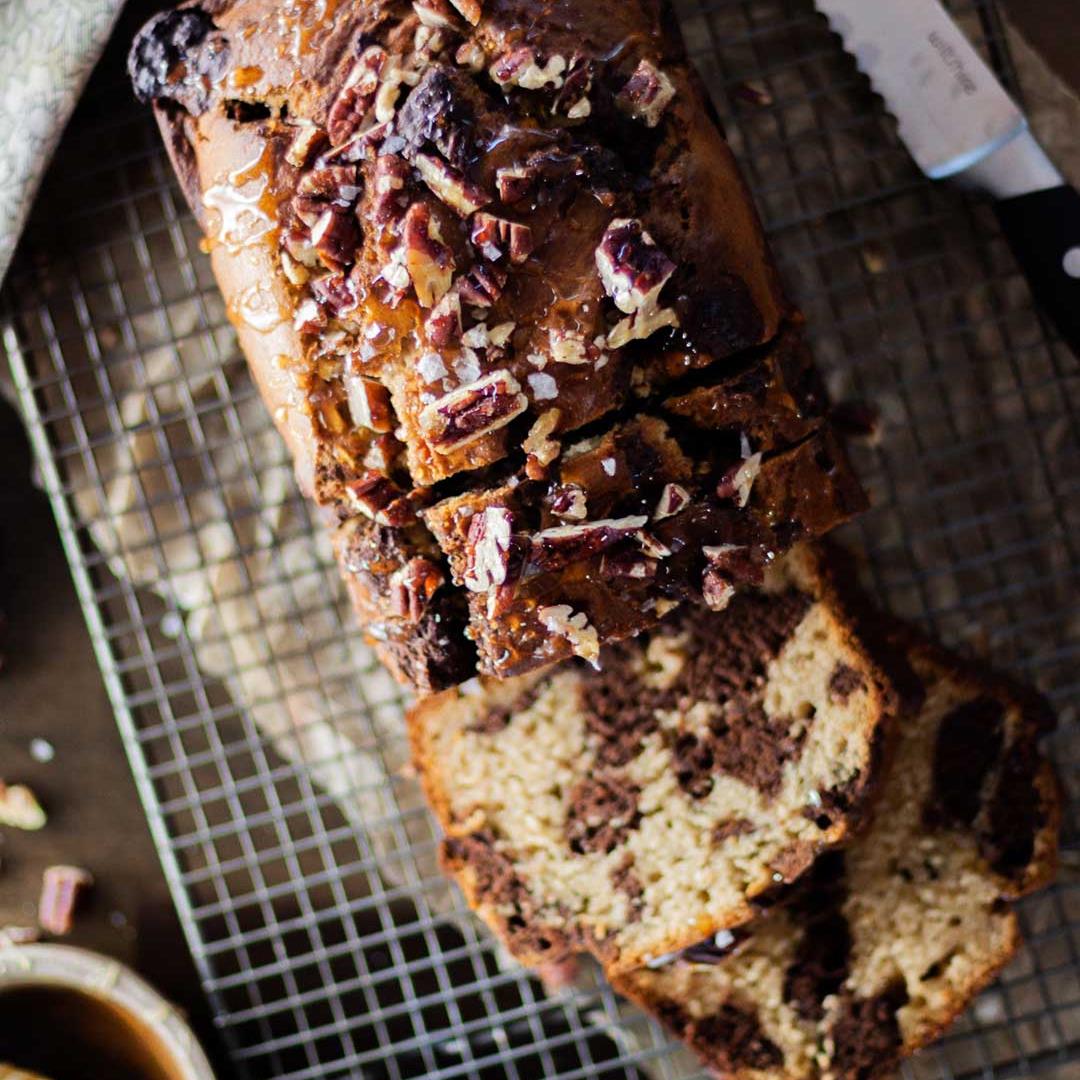 Marbled Chocolate Banana Bread with Pecans and Salted Honey