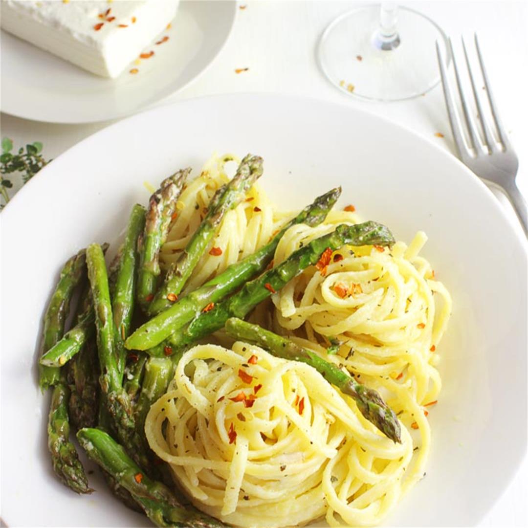 20 minute Asparagus Pasta with Feta Cheese