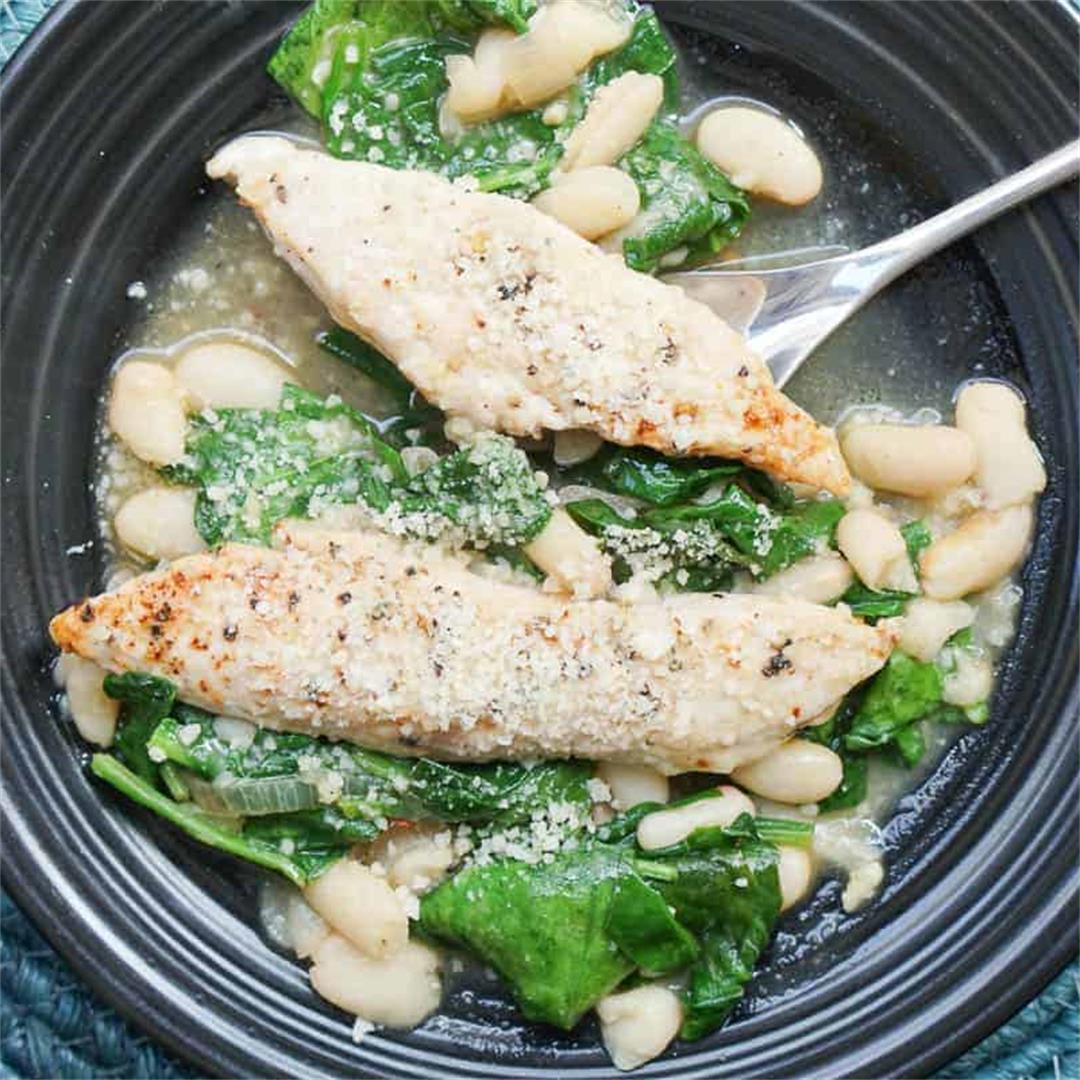 One-Pot Chicken, White Bean and Spinach Saute