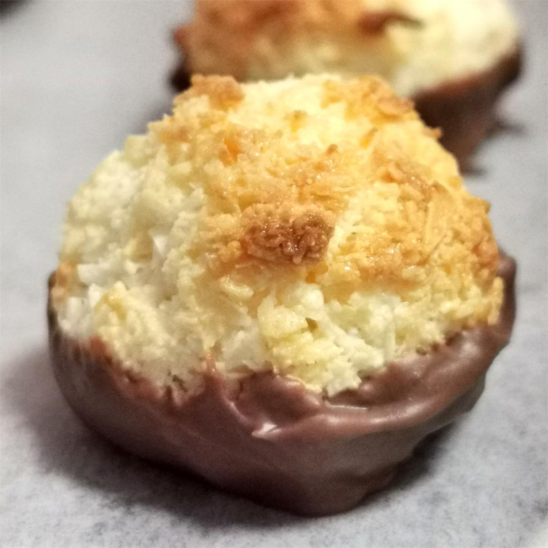 Delicious coconut macaroons dipped in chocolate