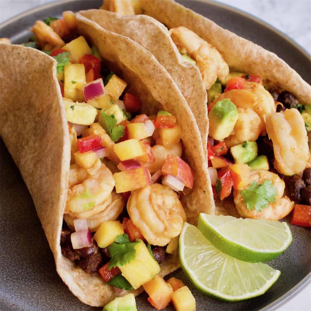Chipotle Lime Shrimp Tacos with Pineapple Peach Salsa
