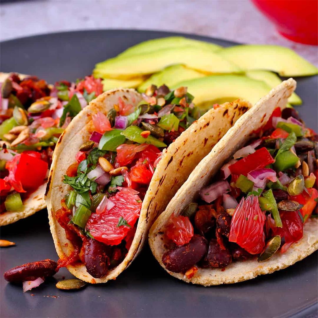 kidney bean tacos with grapefruit salsa (plant-based)