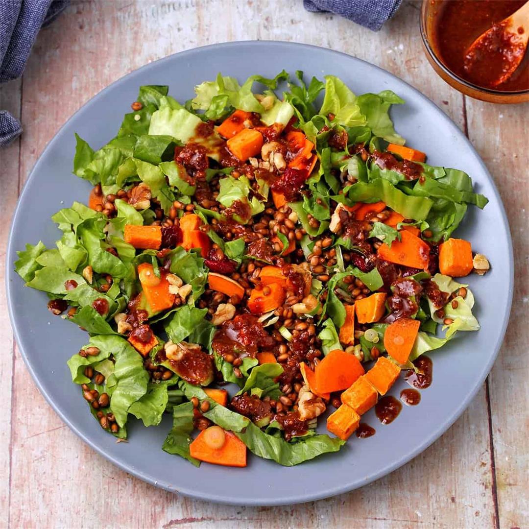 roasted sweet potato salad with wheat berries (oil-free delicio