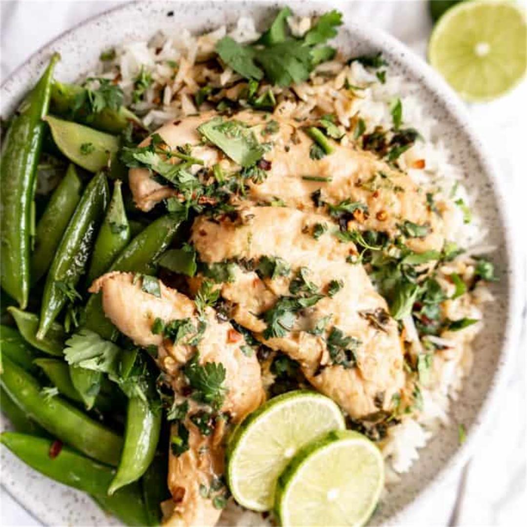 Coconut Lime Chicken with Jasmine Rice and Sugar Snap Peas
