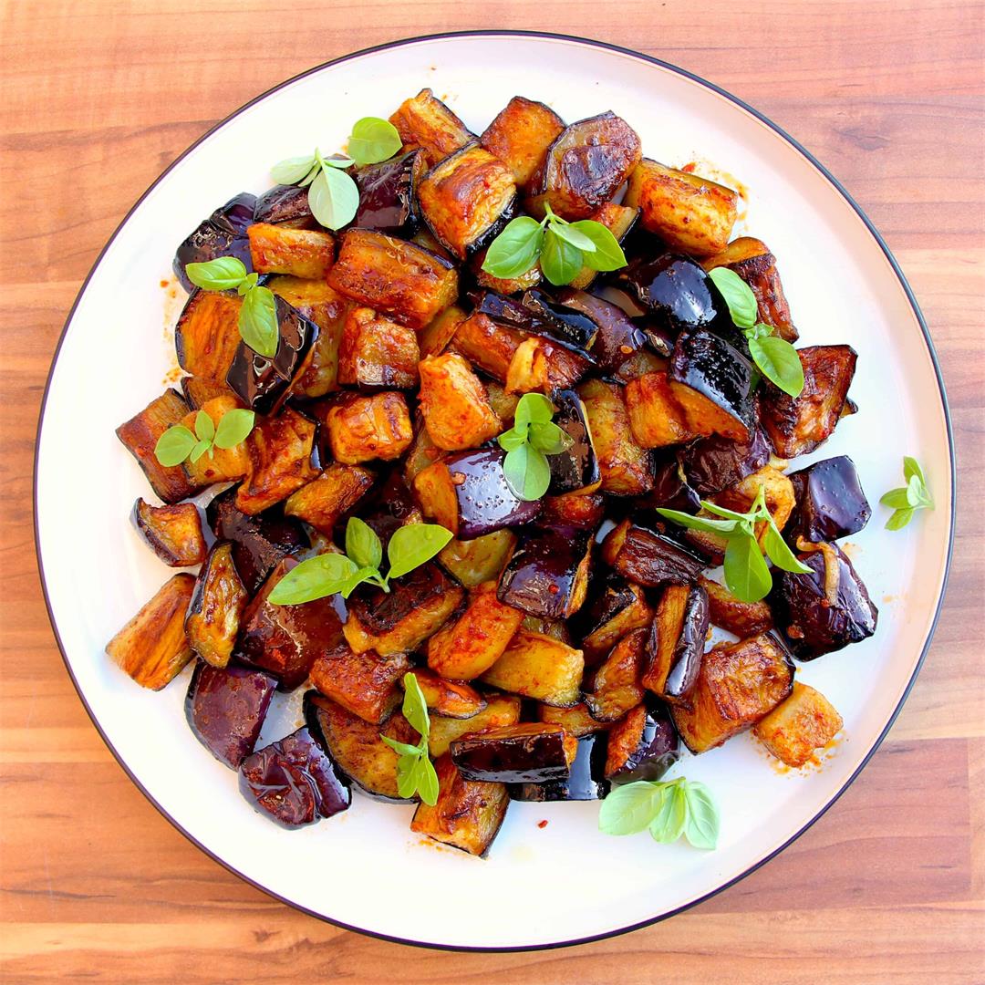 Olive Oil Fried Eggplant with Smoked Paprika and Basil