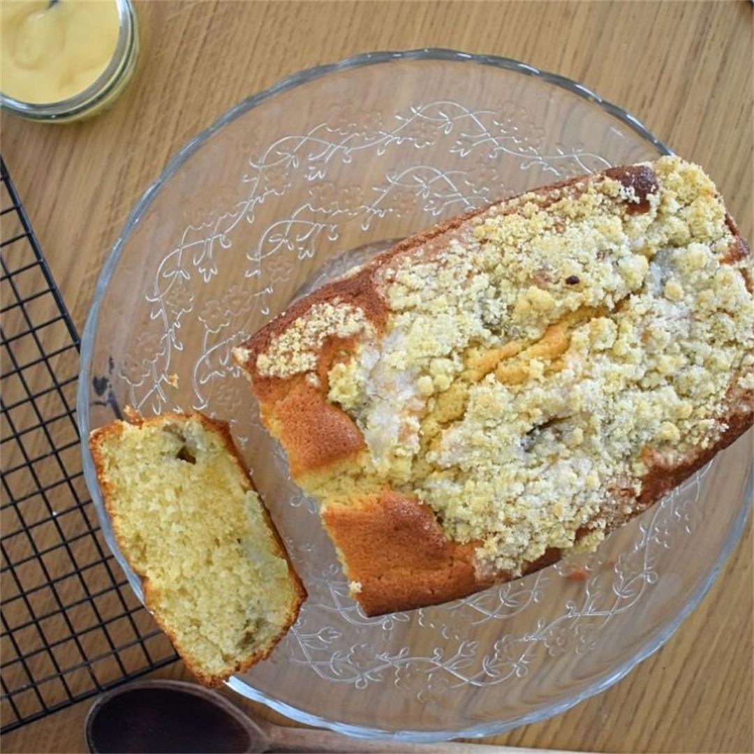 Rhubarb and Custard Loaf Cake with Crumble Topping