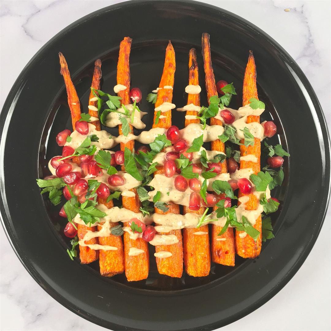 Air Fryer Carrots with Herbs, Tahini, and Pomegranate Seeds
