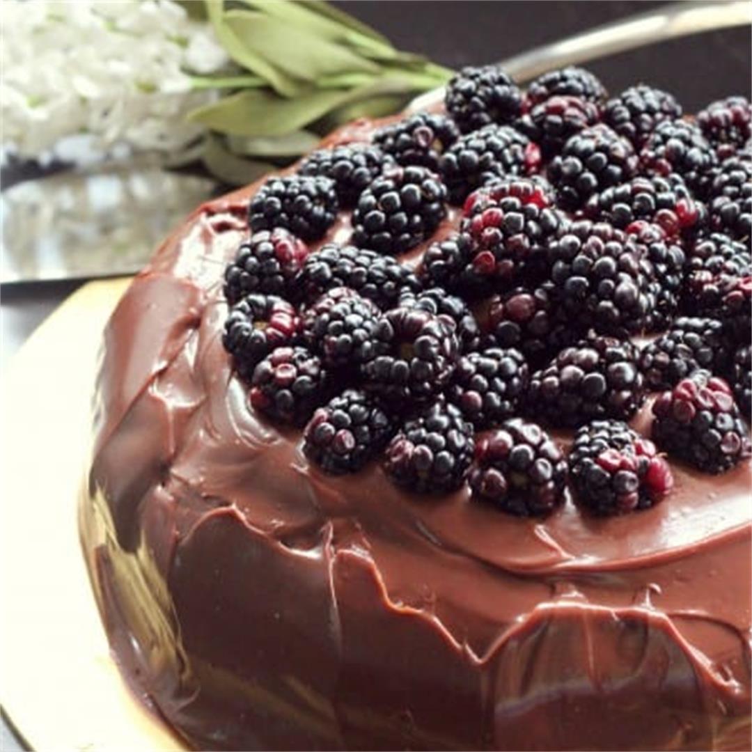 Classic Devil’s Food Cake topped with Blackberries