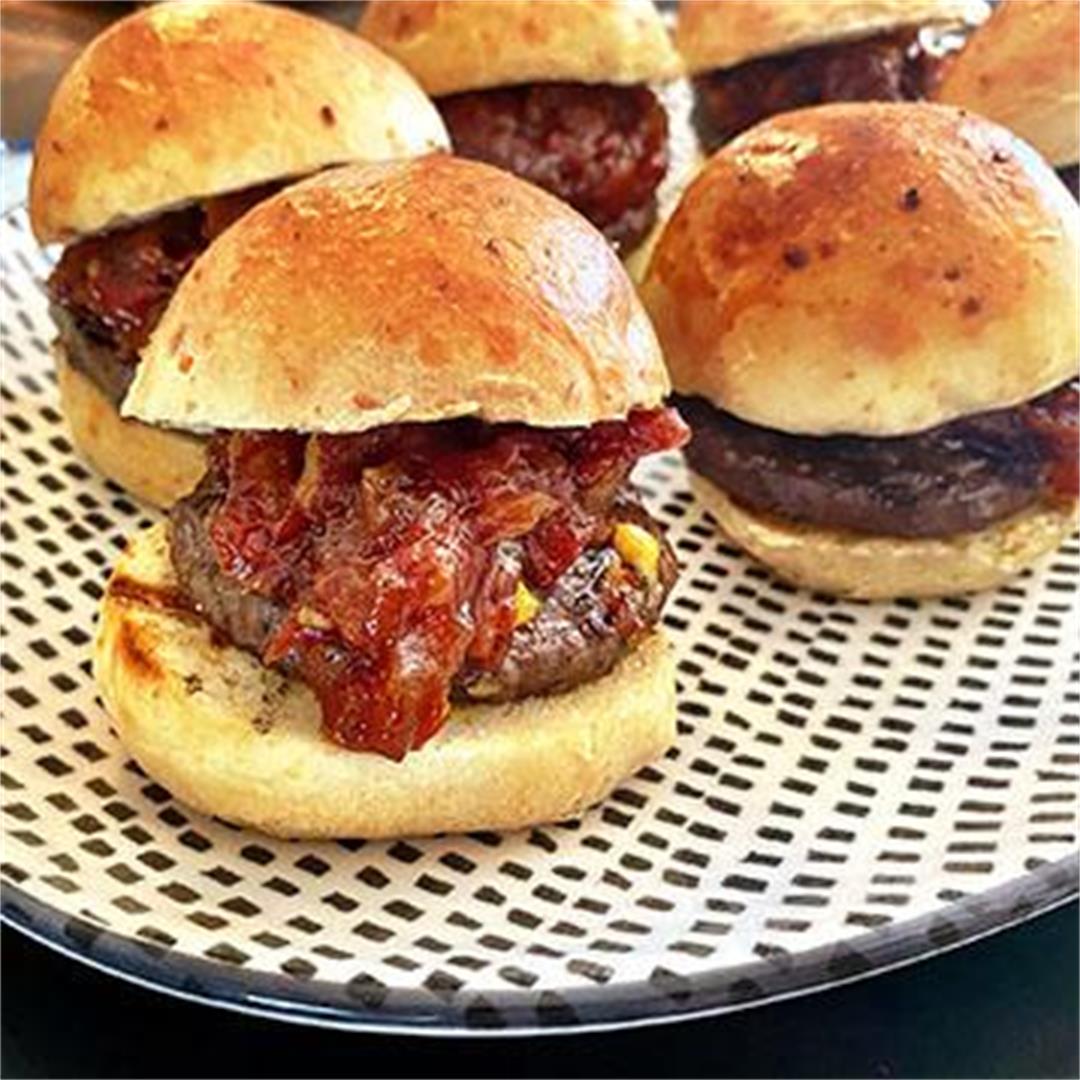 Wagyu Cheeseburger Sliders with Tomato and Bacon Jam