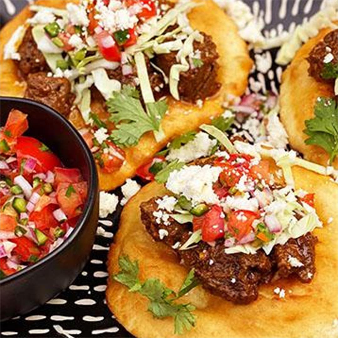 Fry Bread Tacos with Hatch Chile Braised Wagyu Beef