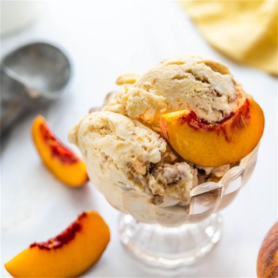 Boozy Homemade Peach Ice Cream with Bourbon and Streusel Swirl