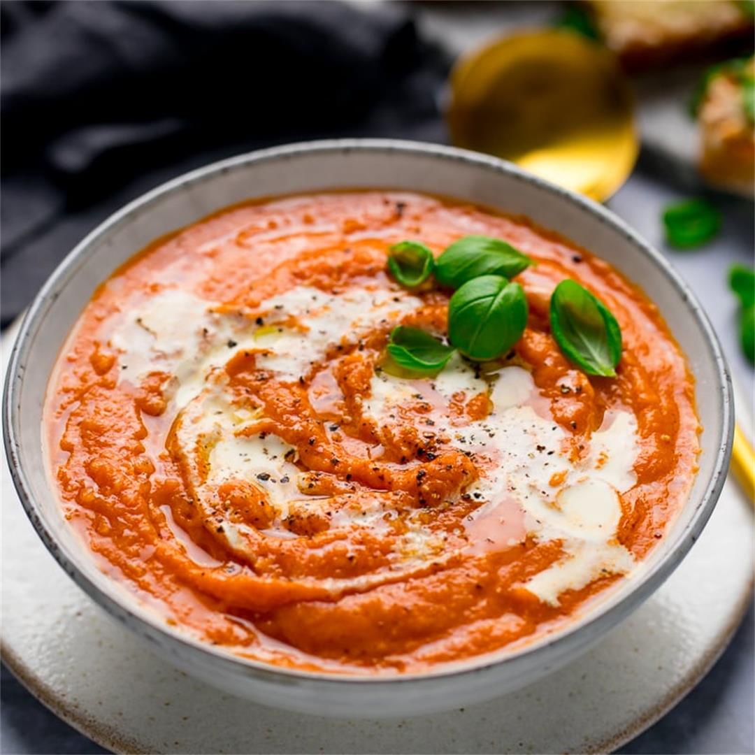 Cream of Tomato Soup recipe with basil cheese on toast