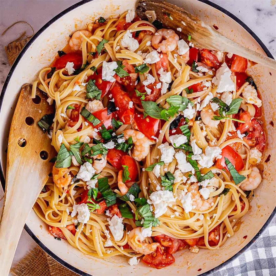Prawn Linguini with Tomatoes & Feta