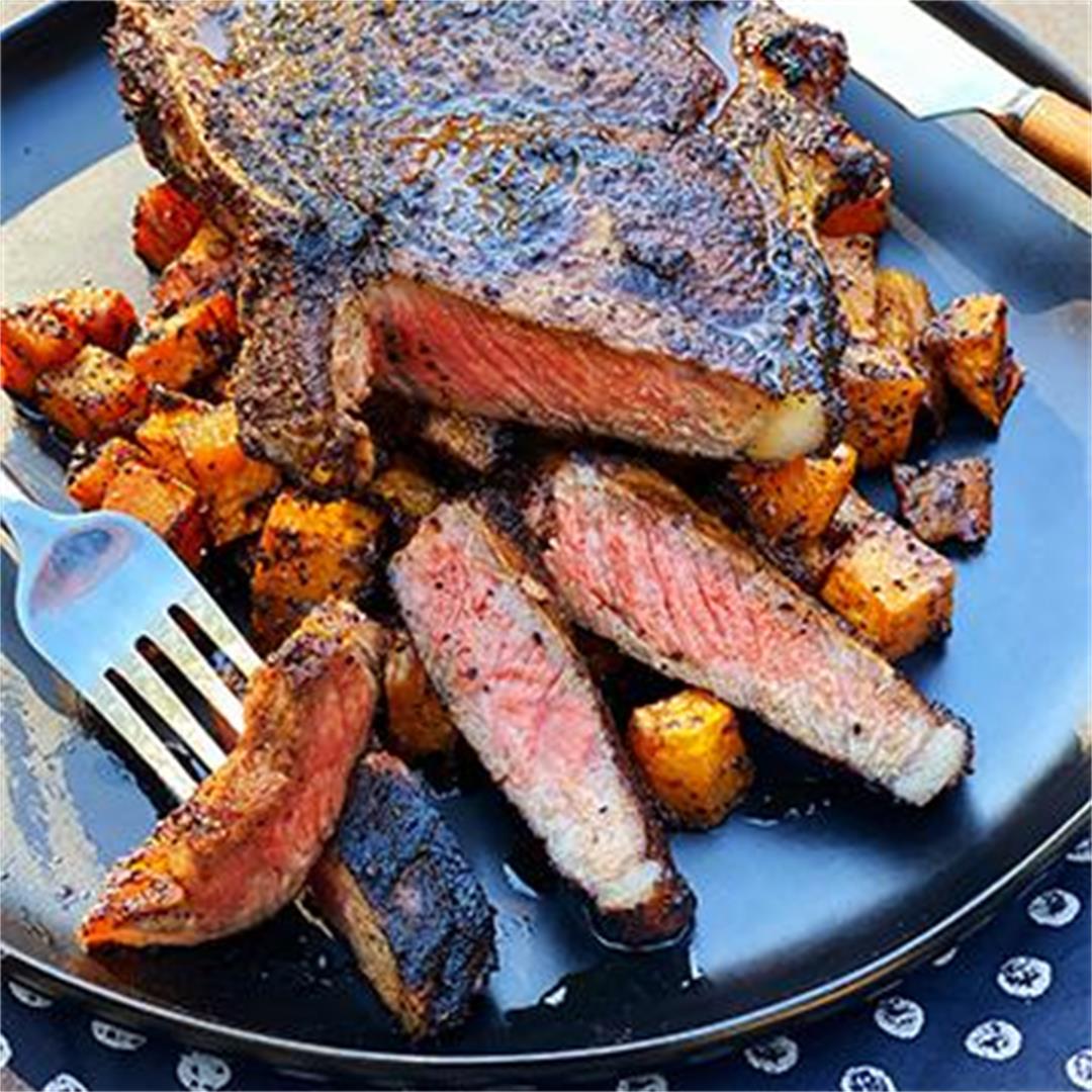 Coffee and Spice Rubbed Wagyu Strip Steak Over Butternut Squash