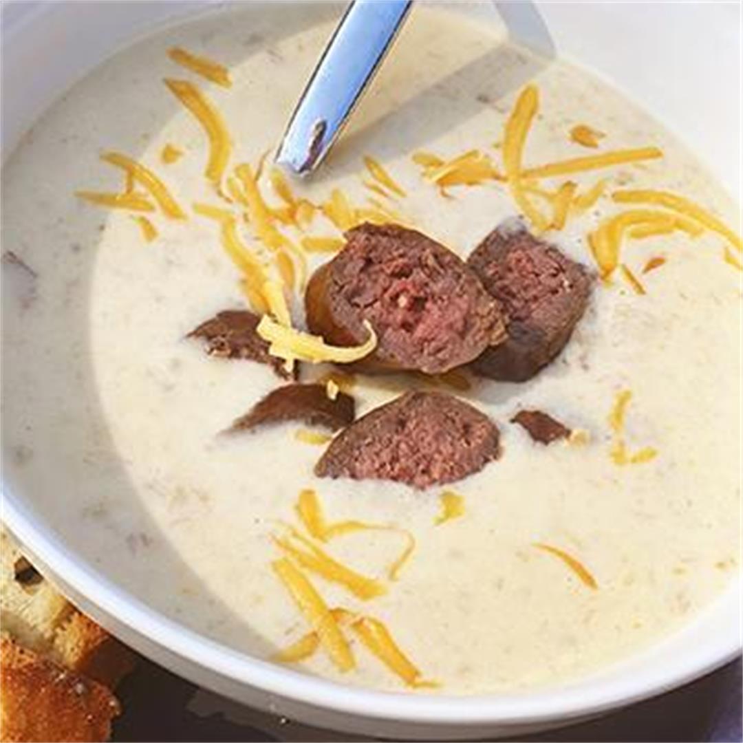 Beer and Smoked Cheddar Cheese Soup with Wagyu Bratwurst