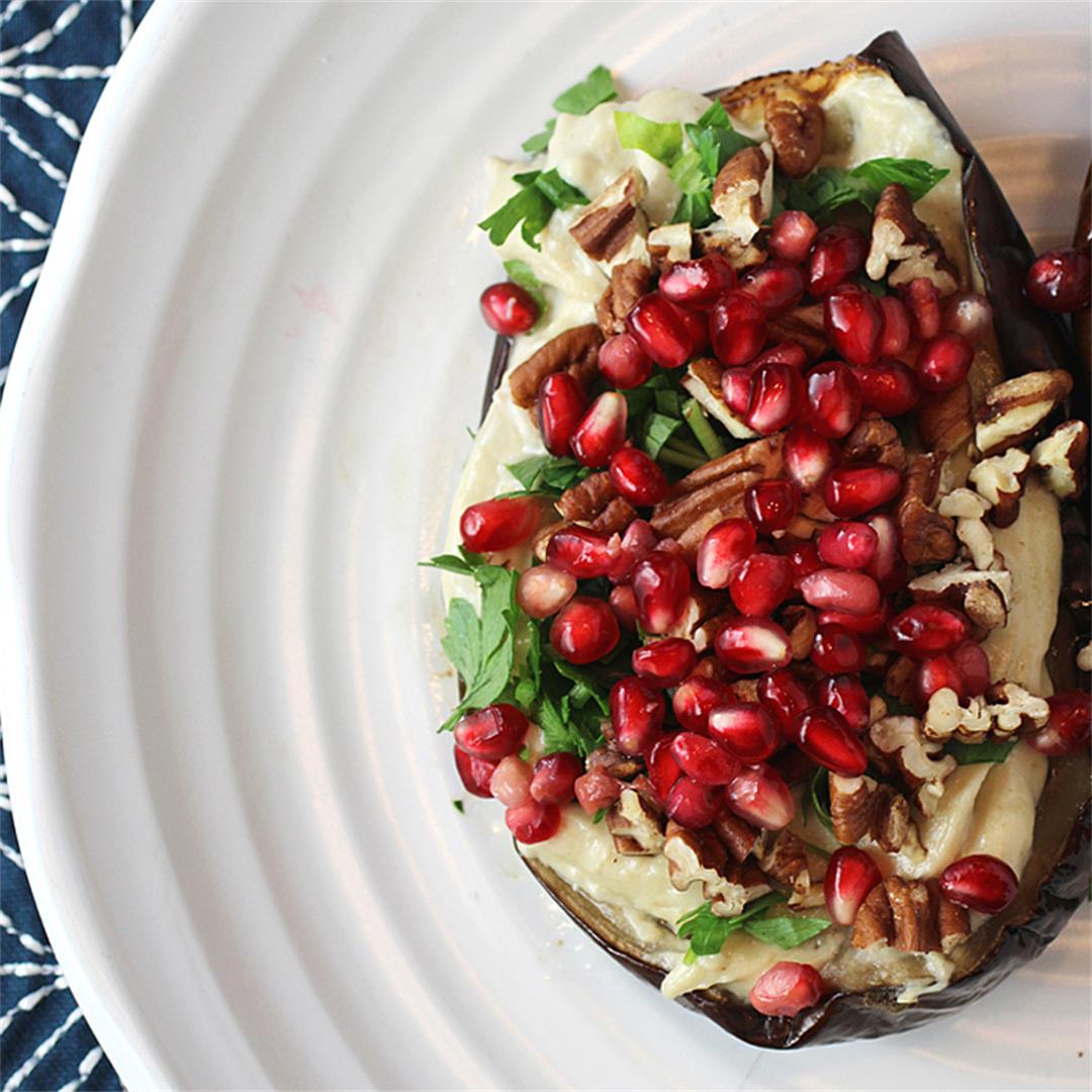 Roasted Eggplant with Tahini, Pomegranate, Parsley and Pecans