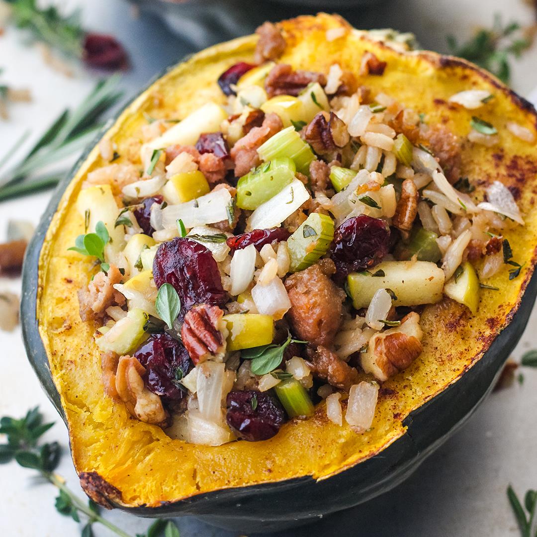 Vegetarian Stuffed Acorn Squash with Apple and Sausage