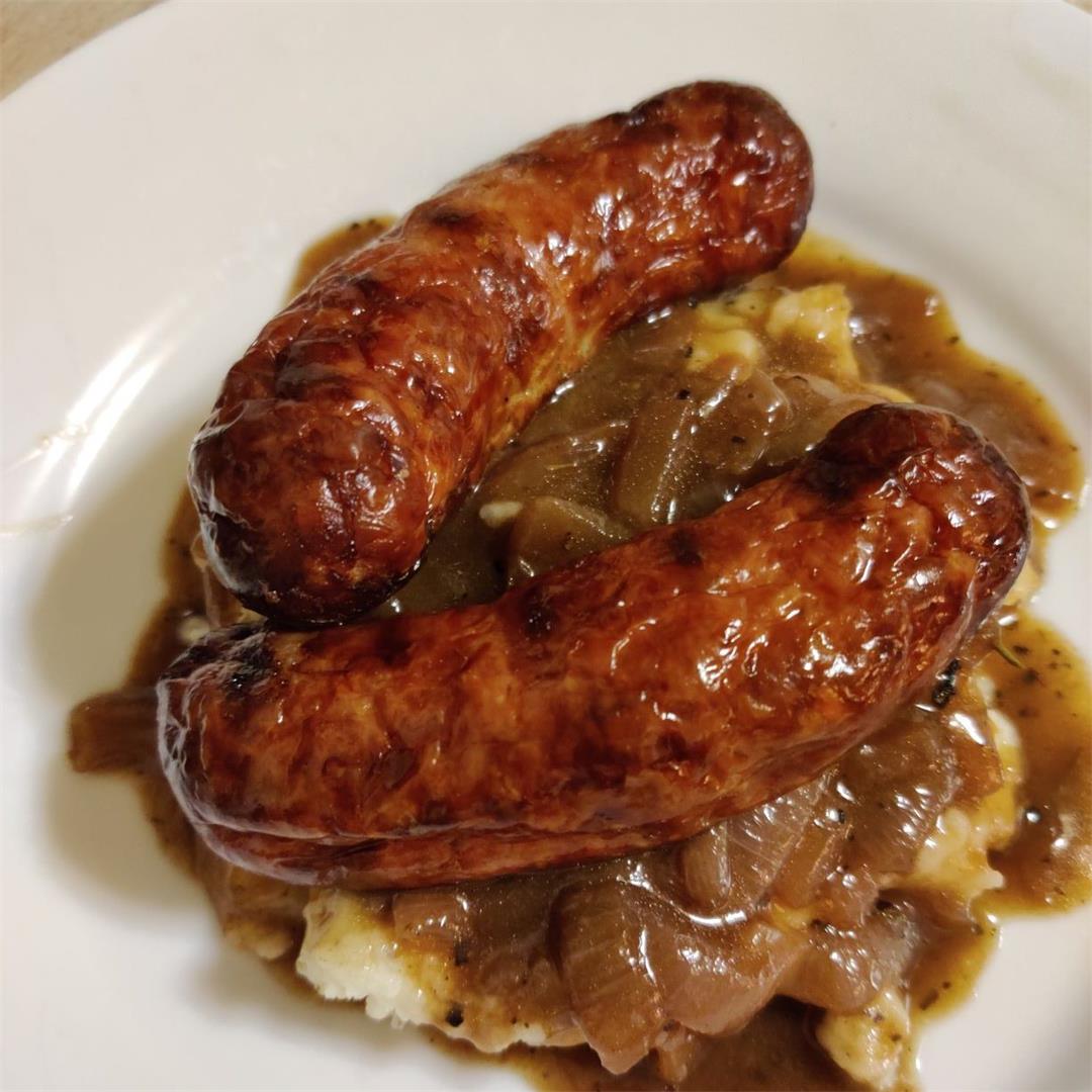 Bangers and Mash with Red Onion Gravy