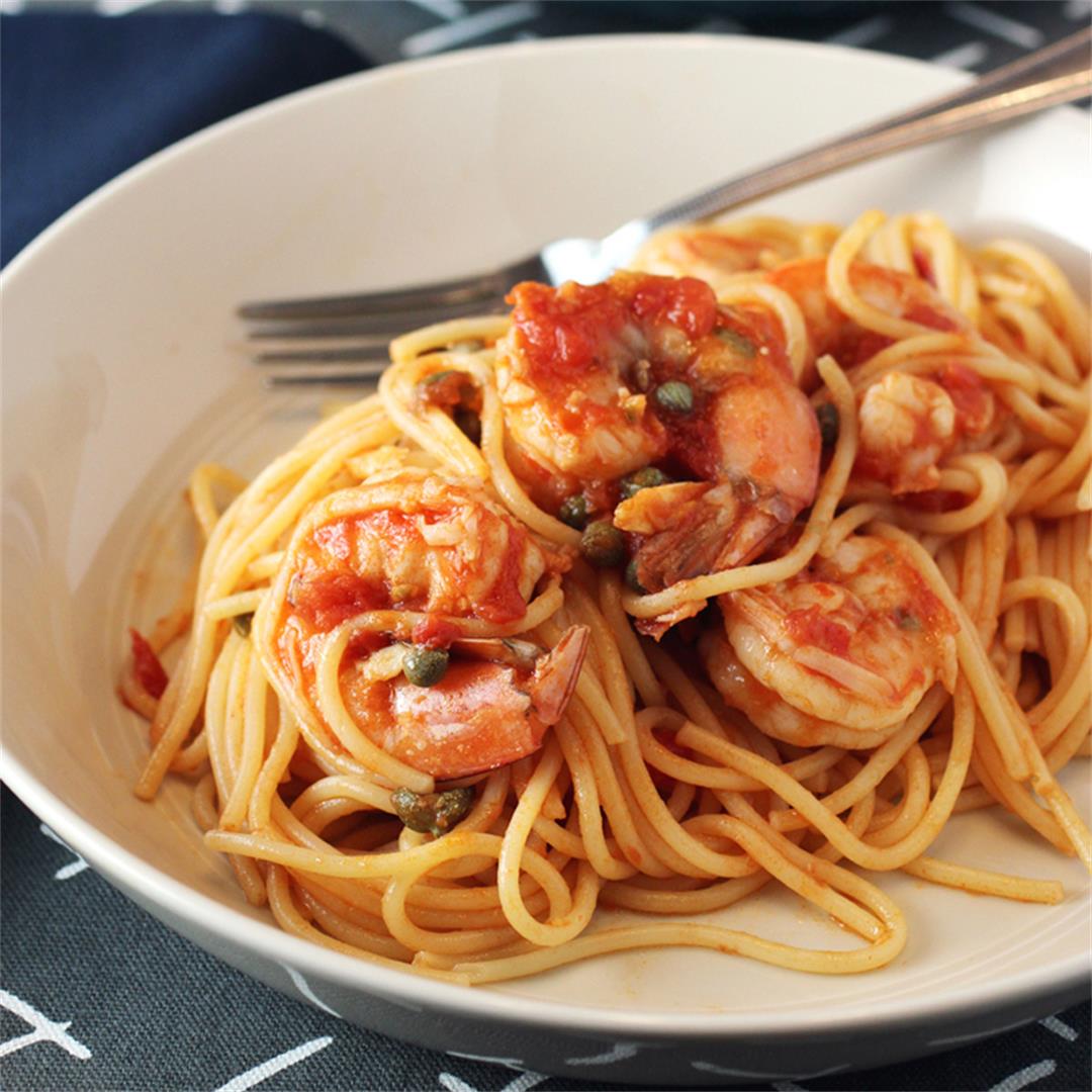 Spicy shrimp pasta with garlic, capers and Calabrian chili