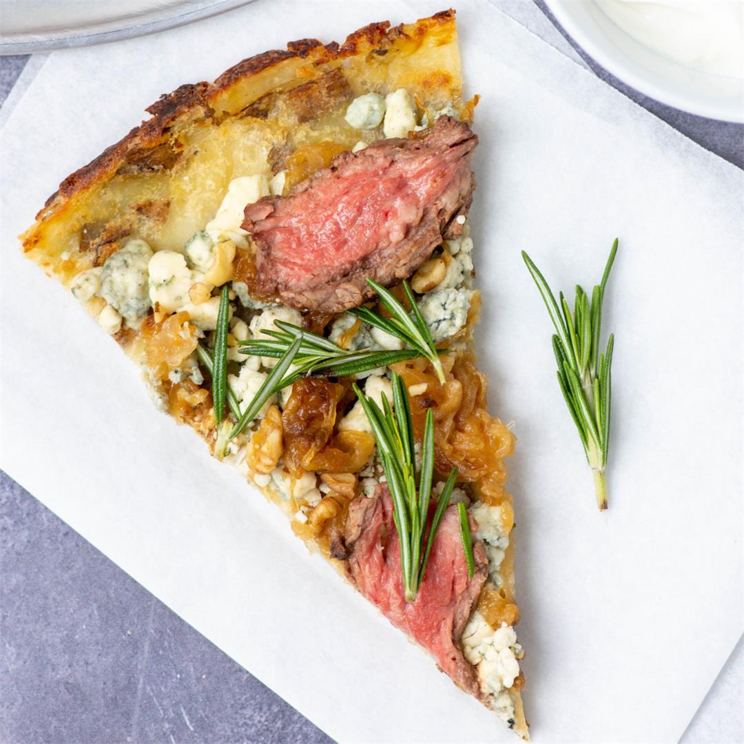 RUSSET POTATO PIZZA CRUST with beef, blue cheese, and carameliz
