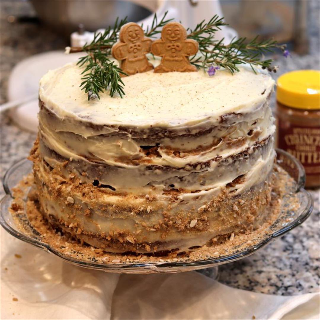 Gingerbread Cookie Butter Crunch Cake with Eggnog Cream Cheese