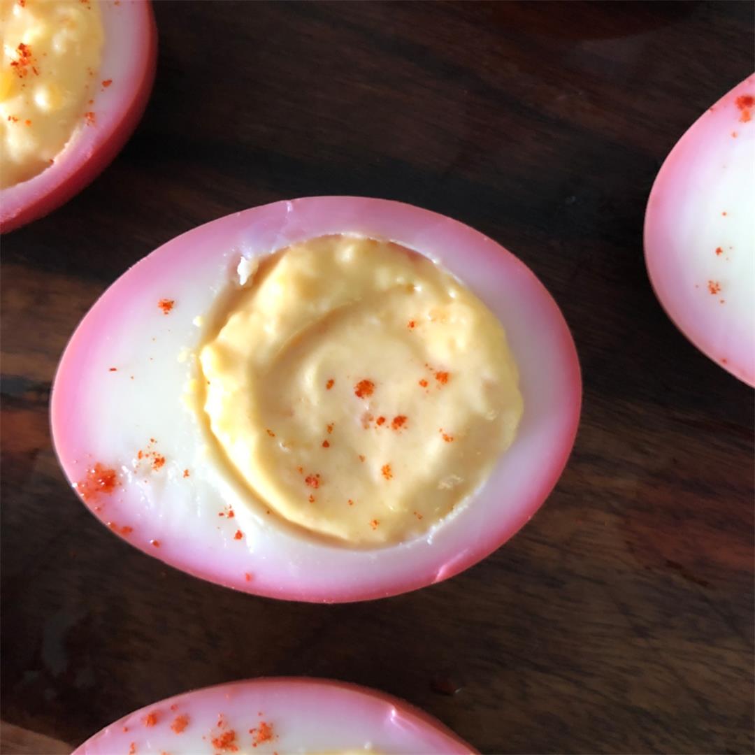Beetroot-dyed deviled eggs