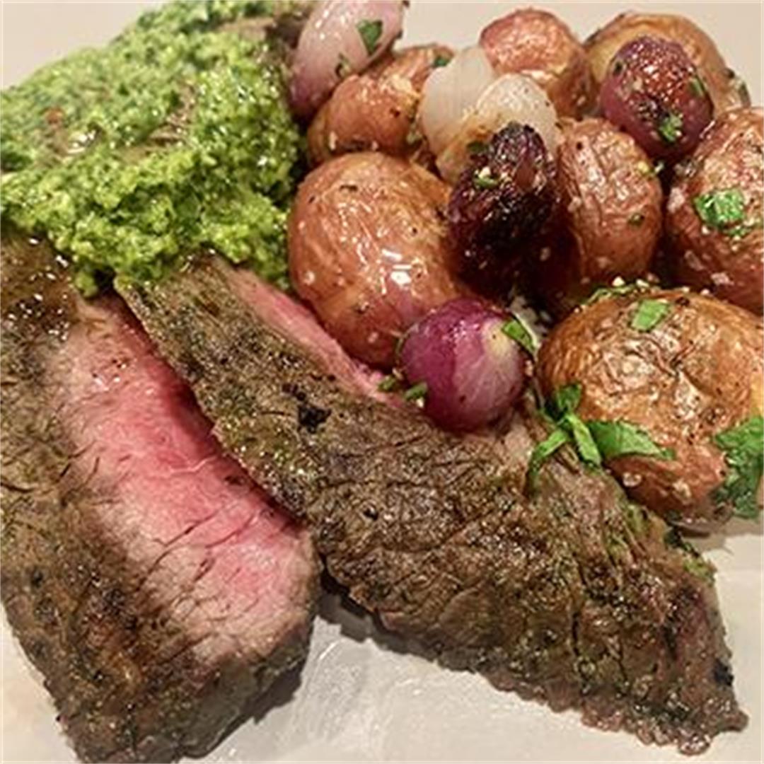 Grilled Wagyu Sirloin Tip Steak with Chimichurri and Potatoes