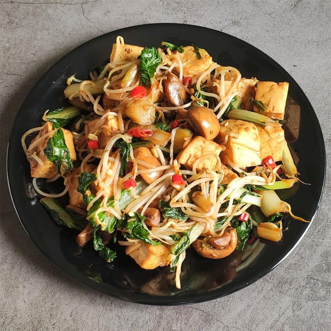 Stir fried tofu with bean sprouts and mushrooms-easy, tasty, an