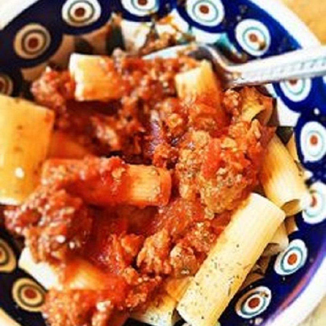 Beyond Beef Bolognese Over Rigatoni