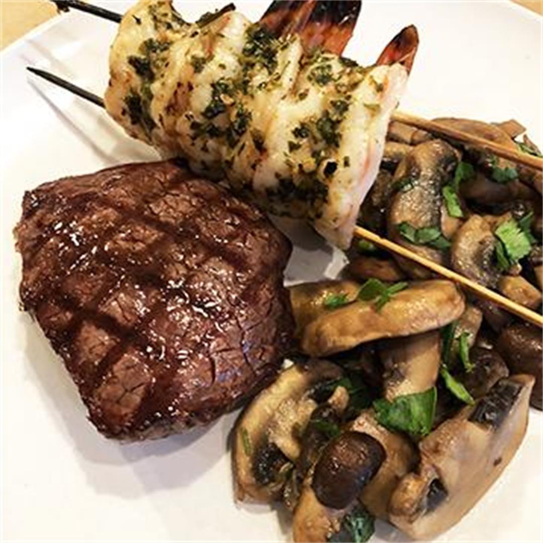 Grilled Surf and Turf with Mushroom Saute