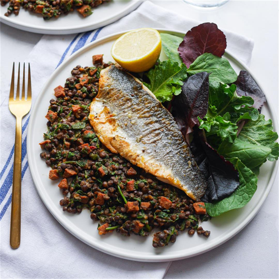 Pan-Fried Sea Bass with Chorizo and Lentils
