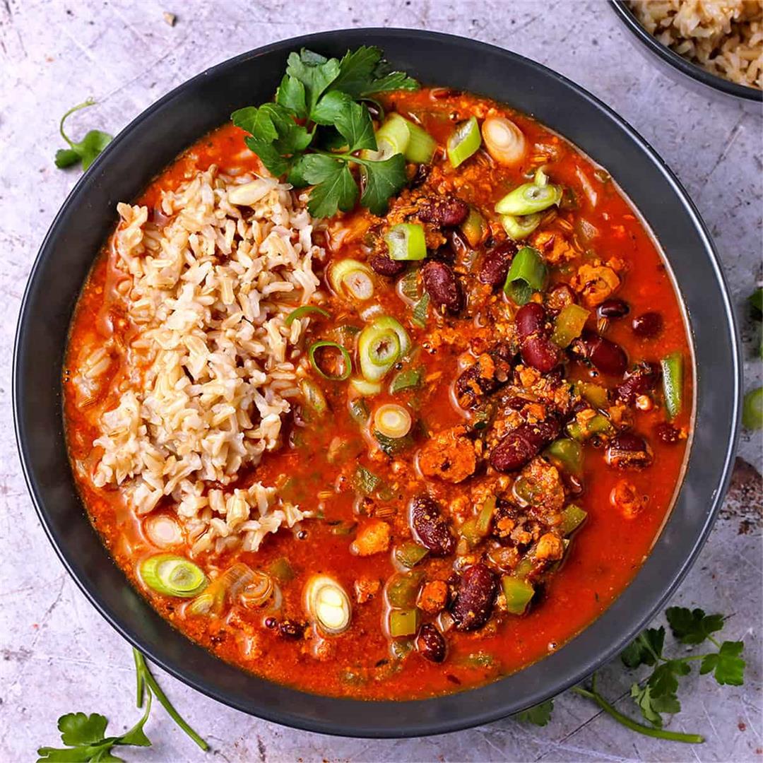 vegan red beans and rice with tofu sausage crumbles