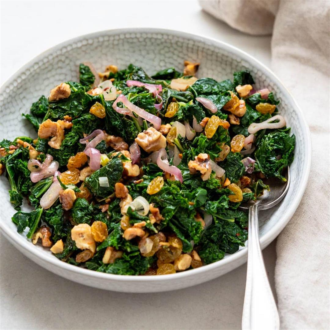 Blanched Kale with Walnuts and Raisins