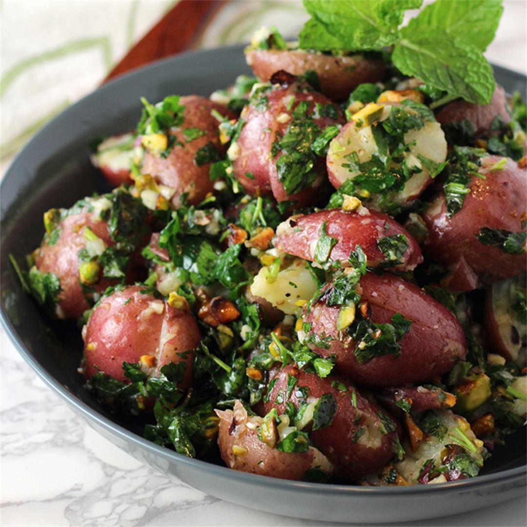Potato salad with the kick of mustard oil and herb salsa