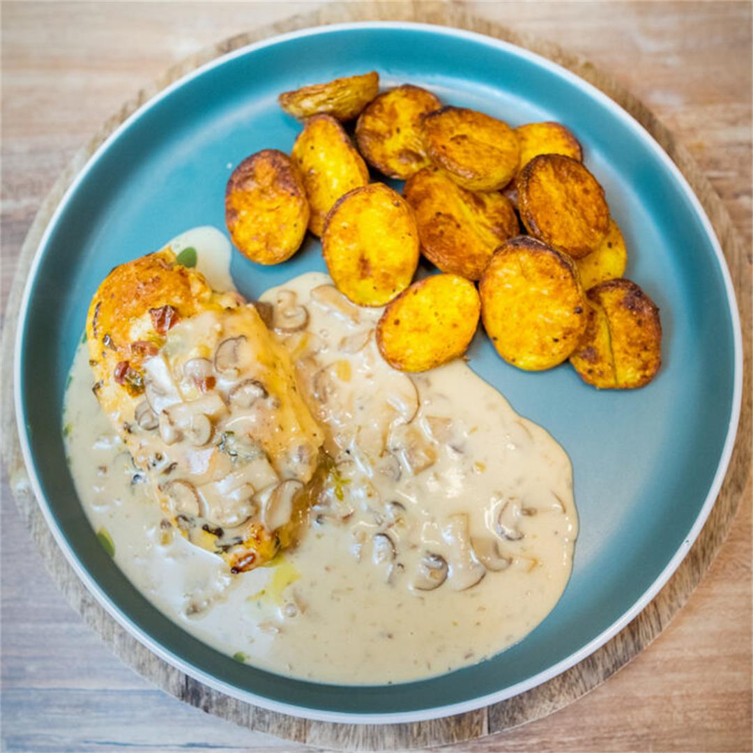 Easy Stuffed Chicken Breasts With Potatoes And Mushroom Gravy