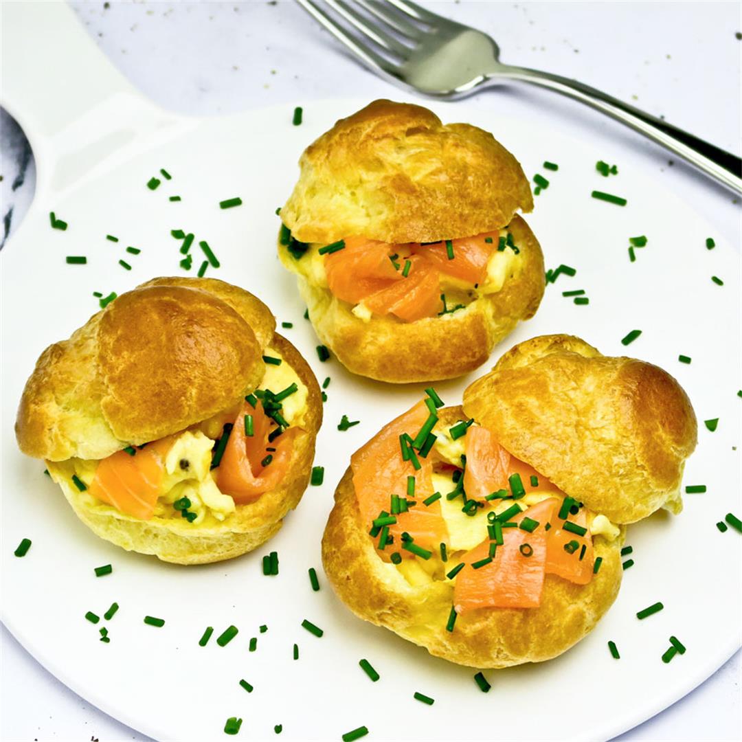 Choux buns filled with fluffy scrambled eggs and smoked salmon