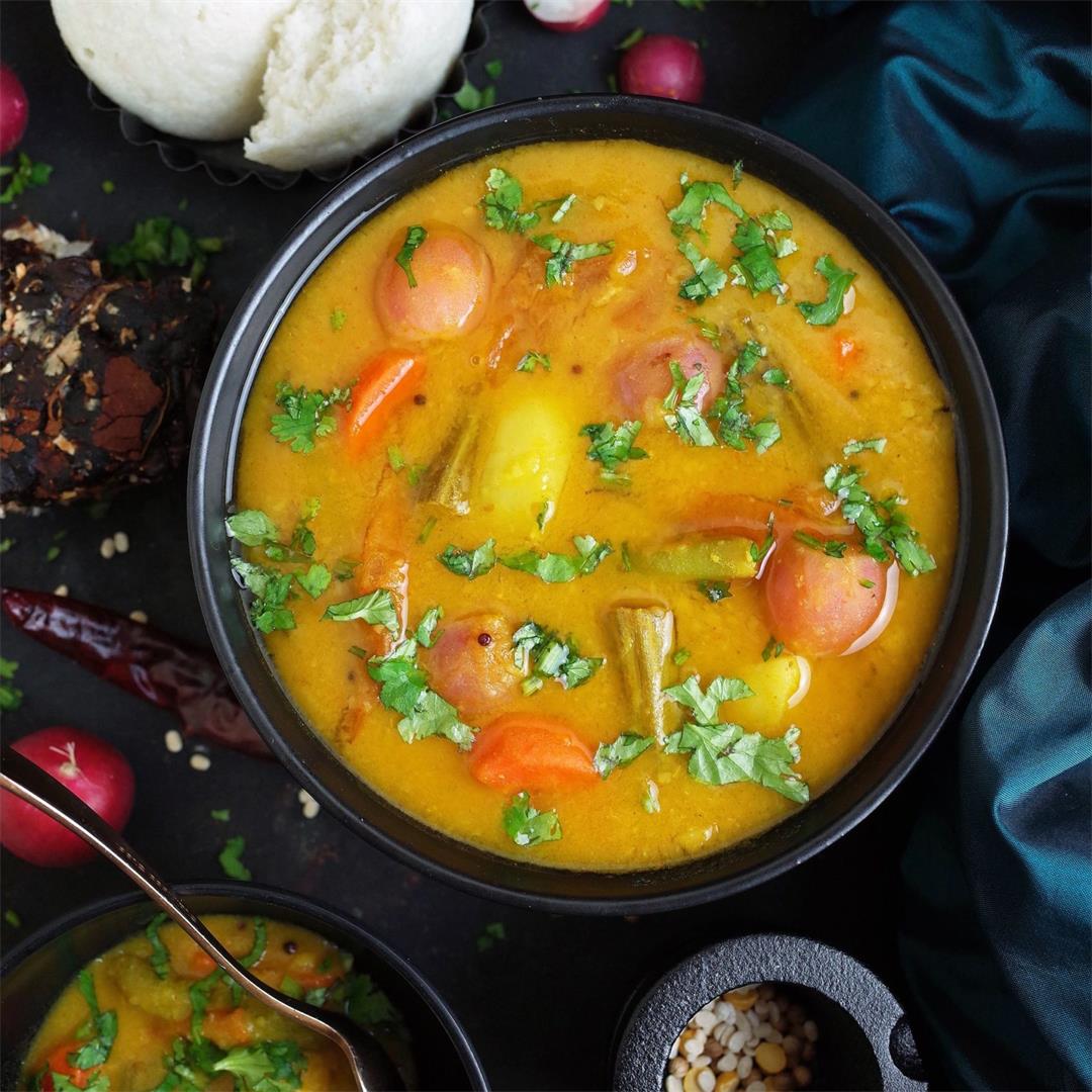 Vegetable Sambar - South Indian Tangy Spicy Lentils & Mixed Veg