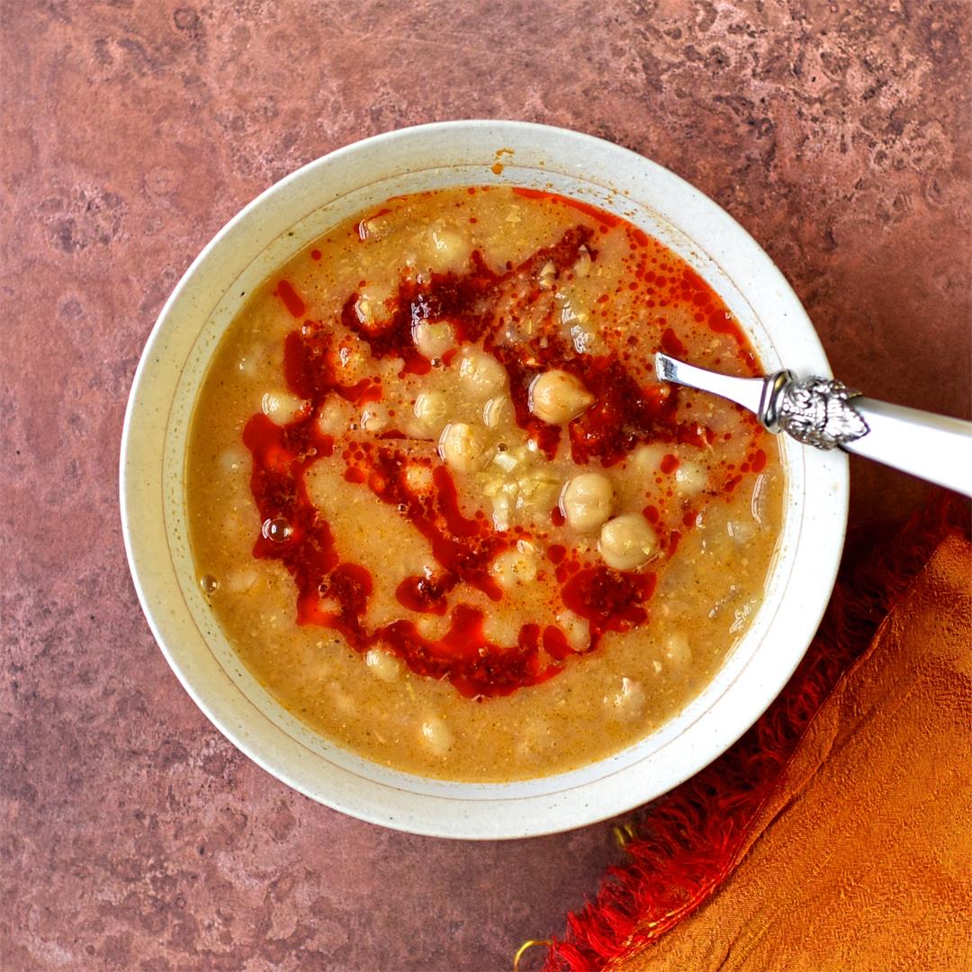 Tunisian-style chickpea soup with harissa oil