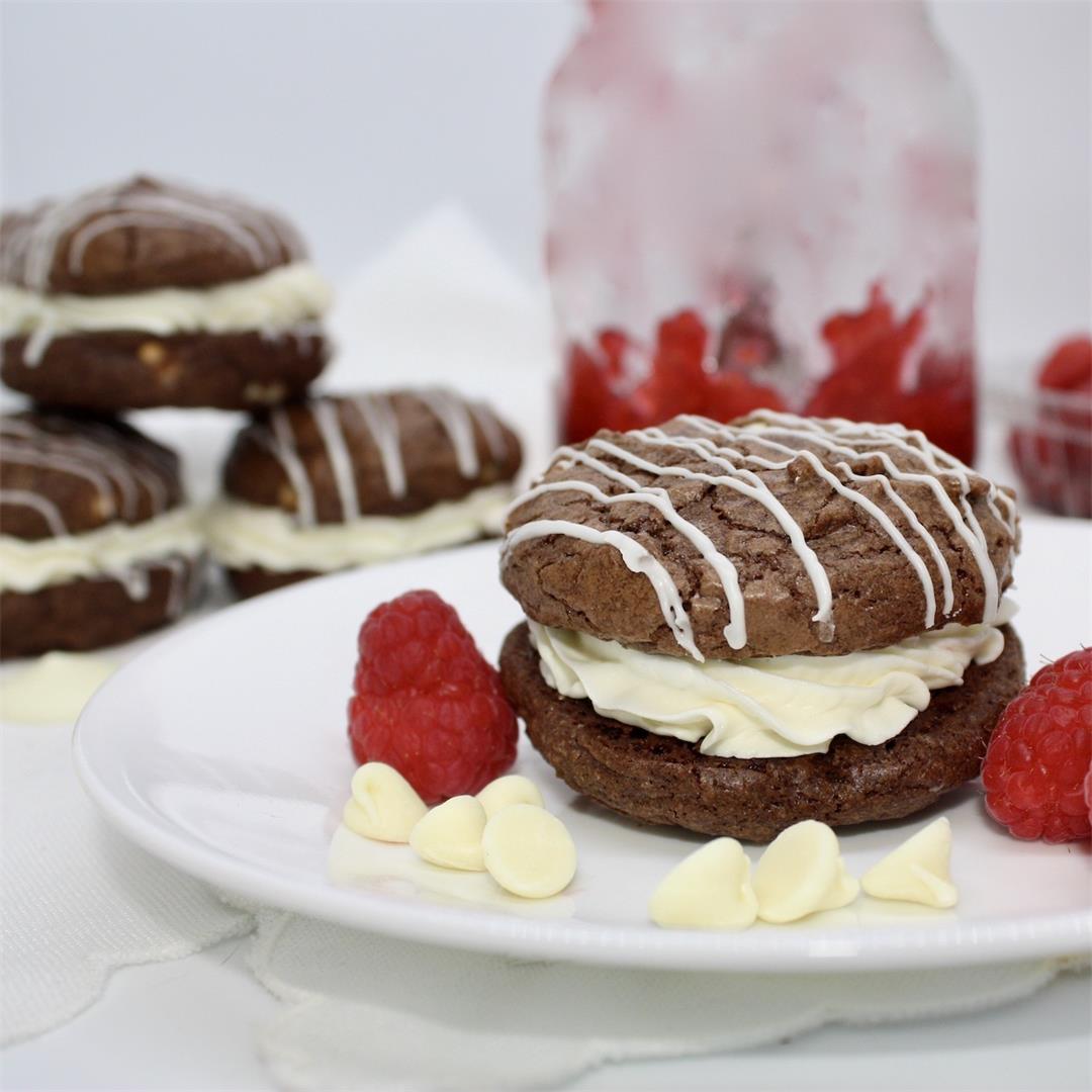 Brownie Cookie Sandwiches with Raspberry Jam & White Chocolate!