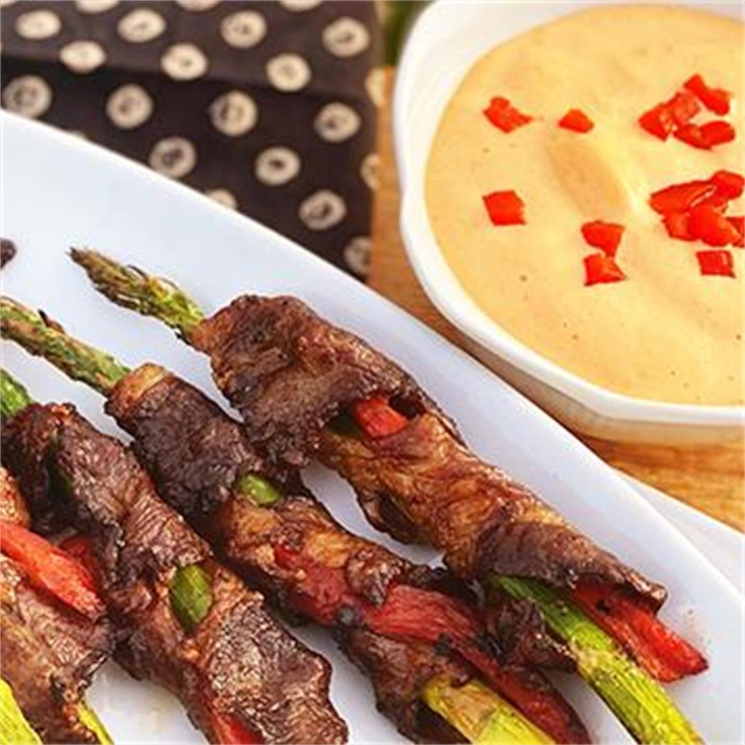 Wagyu Beef-Wrapped Asparagus with Roasted Red Pepper Aioli