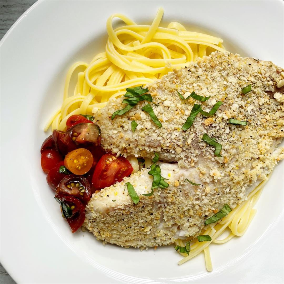 Lemon Pepper Breaded Tilapia with Pasta, Tomatoes and Basil