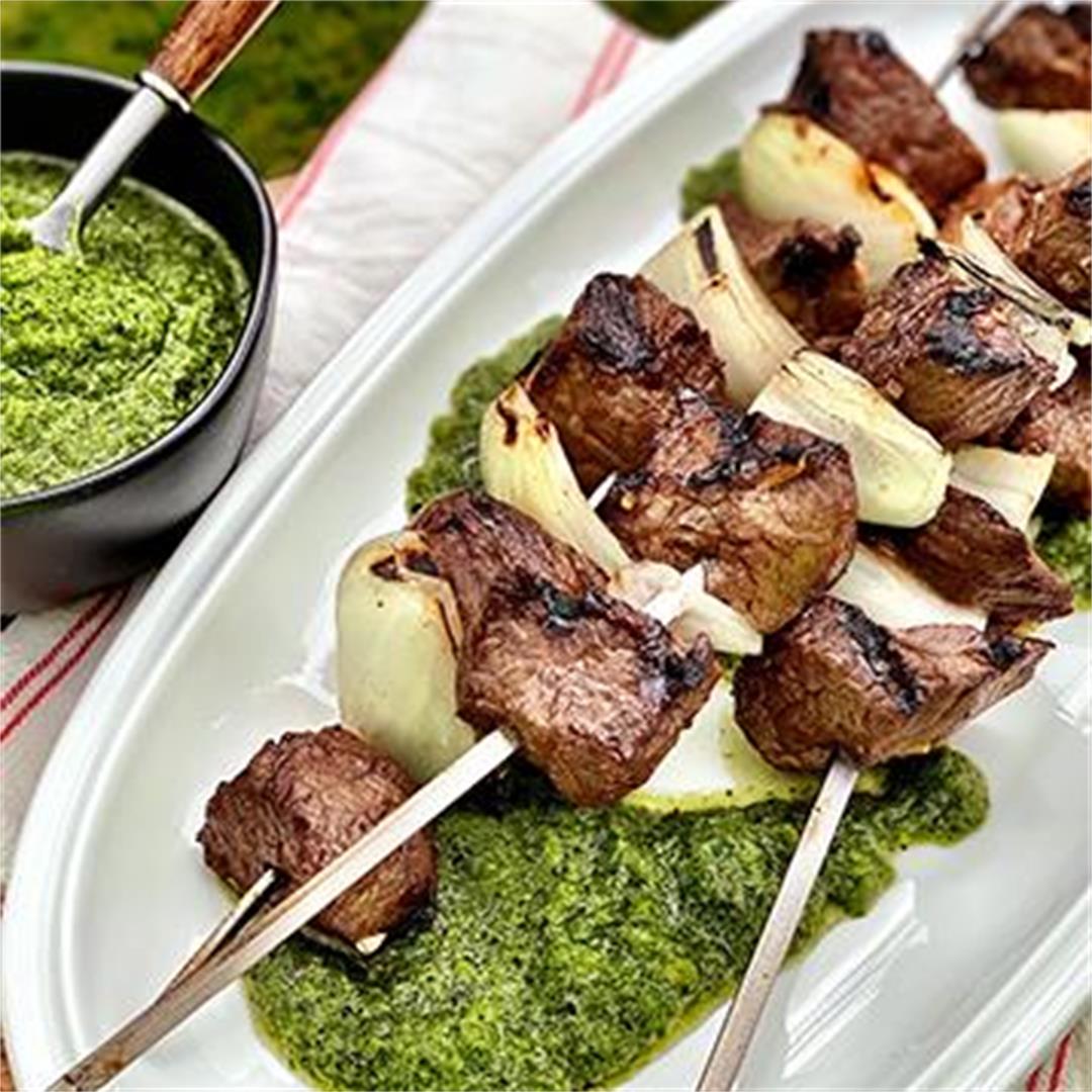 Marinated Wagyu Beef Kabobs with Charred Pepper Sauce