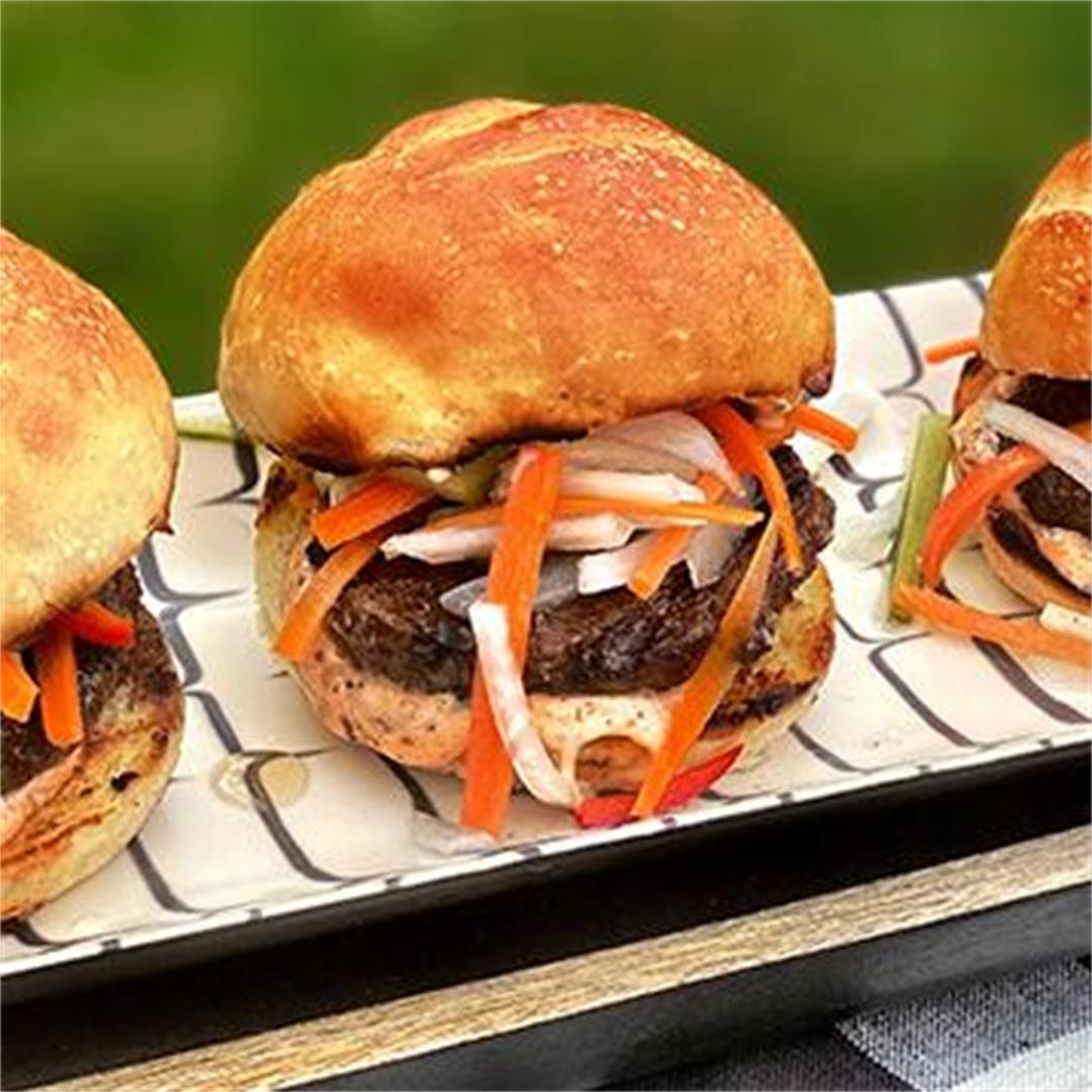 Grilled Bánh Mi Wagyu Beef Sliders with Pickled Vegetables