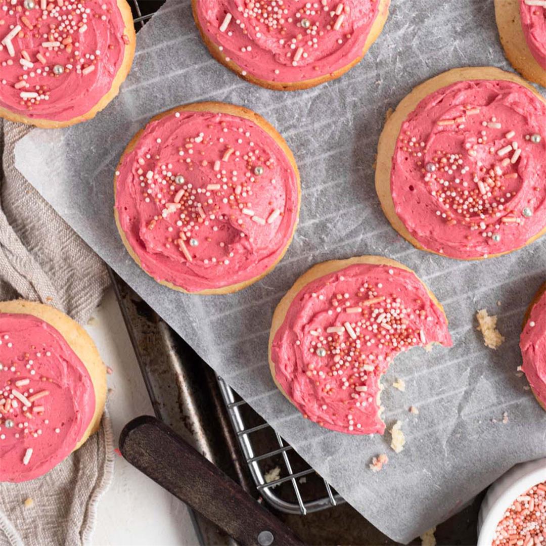 Lofthouse-Style Raspberry Frosted Soft Sugar Cookies